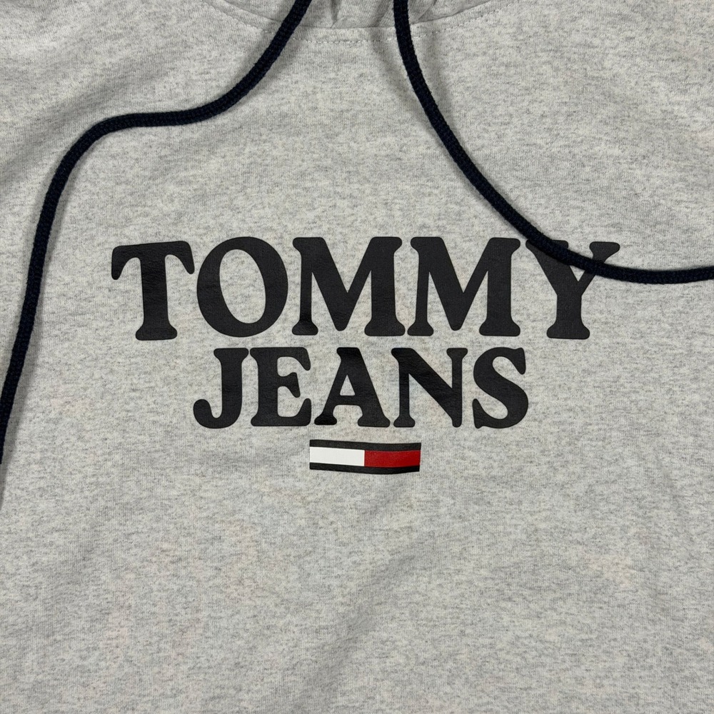 Tommy Jeans Mens Hoodie Medium Grey Heather Pullover Logo Sweatshirt Flag Logo - Picture 2 of 9